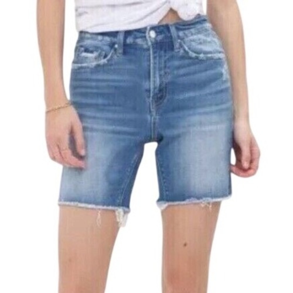 NEW Mica Denim waist 25" High-Rise Midi Shorts Distressed Raw Hem Casual XS